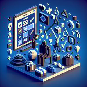 3D voxel art depicting online physical therapy surveys on a dark blue background.