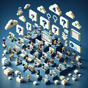 3D voxel art depicting online Sunday school surveys with a dark blue background.