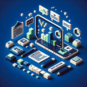 3D voxel art depicting the concept of online motivation surveys on a dark blue background.