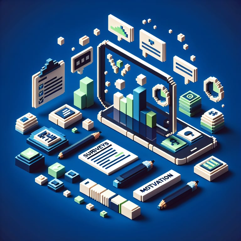 3D voxel art depicting the concept of online motivation surveys on a dark blue background.