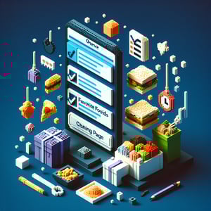 3D voxel art depicting an online survey, with elements related to favorite foods, on a dark blue background.