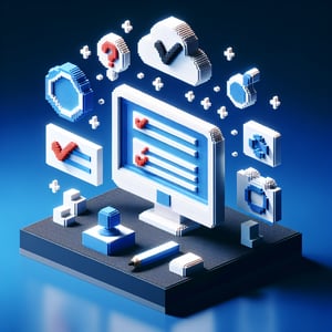 3D voxel art depicting online survey process, emphasizing problem resolution, on a dark blue background.