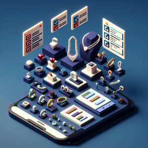 3D voxel art depicting the concept of online jewellery surveys on a dark blue background.