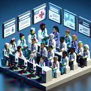 3D voxel art depicting online healthcare employee survey concept on a dark blue background.
