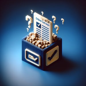 3D voxel art illustrating the concept of epic surveys with a dark blue background.