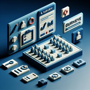 3D voxel art depicting online attendance monitoring system surveys on a dark blue background.