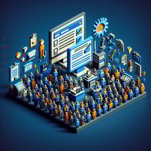 3D voxel art illustrating online workplace trust surveys on a dark blue background.