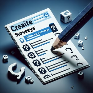3D voxel art depicting online surveys on a dark blue background, symbolizing flex time survey questions.