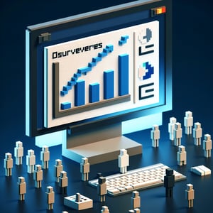 3D voxel art depicting online surveys, symbolizing employee wellbeing survey questions on a dark blue background.