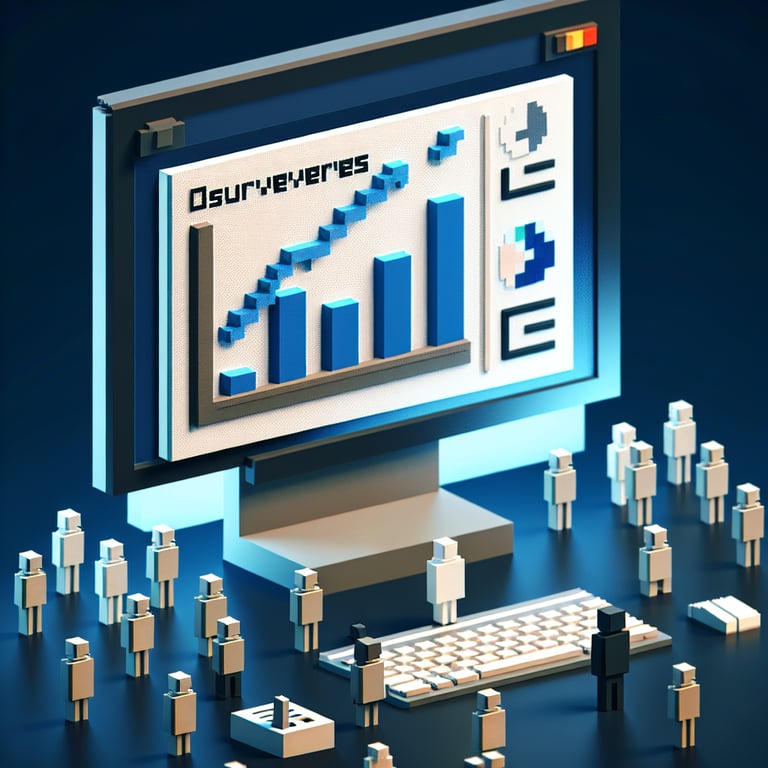 3D voxel art depicting online surveys, symbolizing employee wellbeing survey questions on a dark blue background.