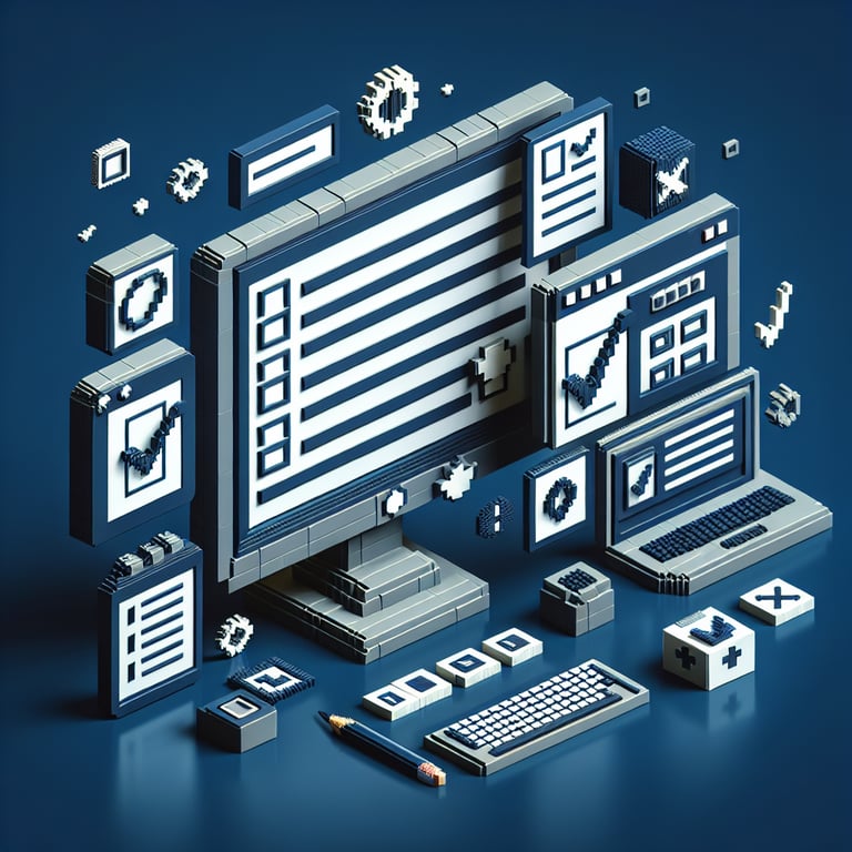 3D voxel art depicting online maintenance survey process on a dark blue background.