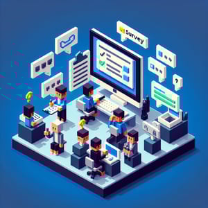 3D voxel art depicting online surveys and questions with a dark blue background.