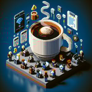 3D voxel art depicting online coffee survey concept on a dark blue background.