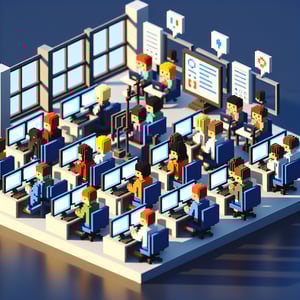 3D voxel art depicting online surveys concept on a dark blue background, for student project-based learning.