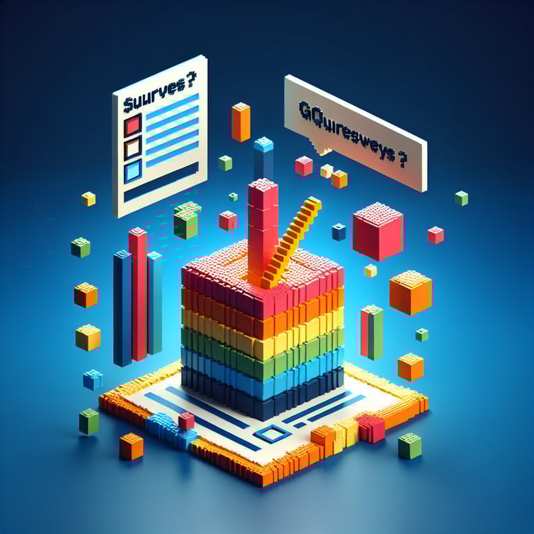 3D voxel art depicting an online GMO survey, set against a dark blue background.