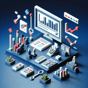 3D voxel art depicting online surveys with dark blue background, symbolizing project success surveys.