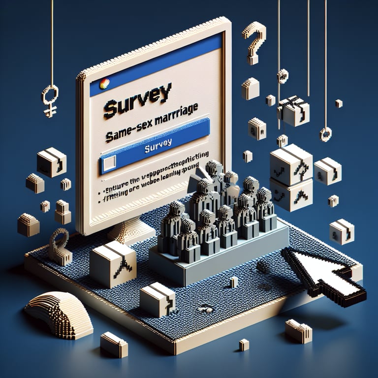 3D voxel art depicting online surveys on same-sex marriage, set against a dark blue background.