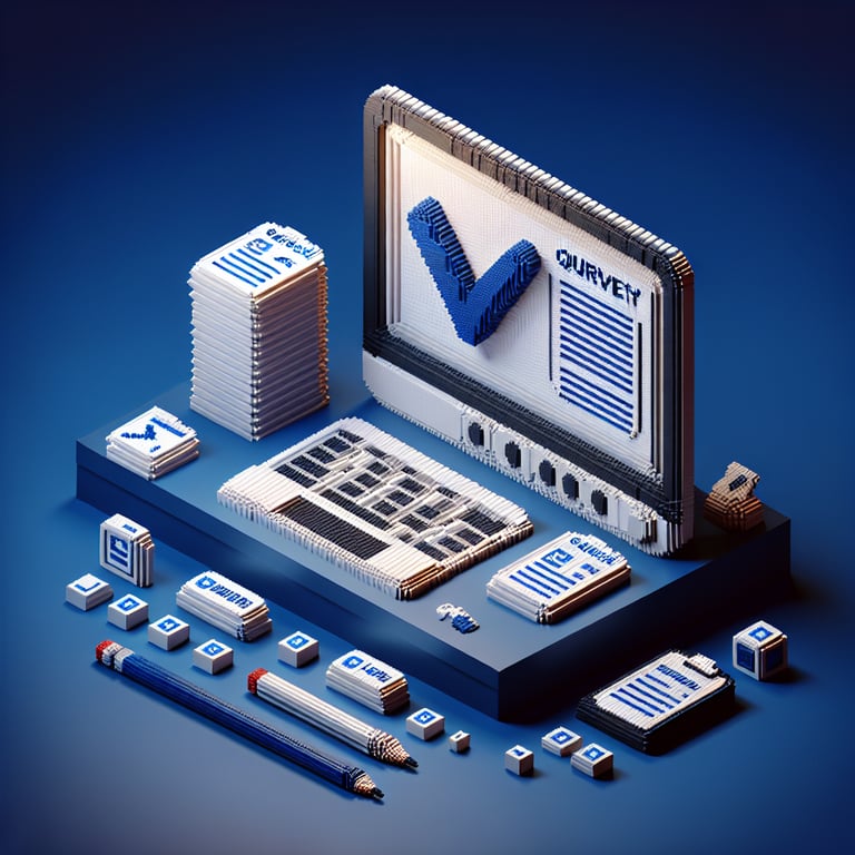 3D voxel illustration of a lively online random question survey interface