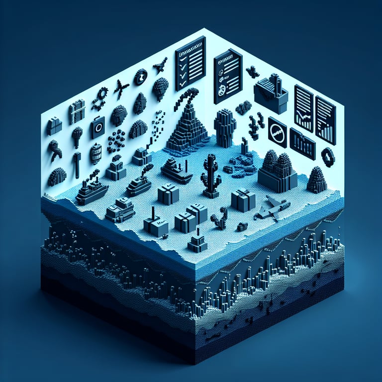 3D voxel art symbolizing online marine pollution surveys on a dark blue background.