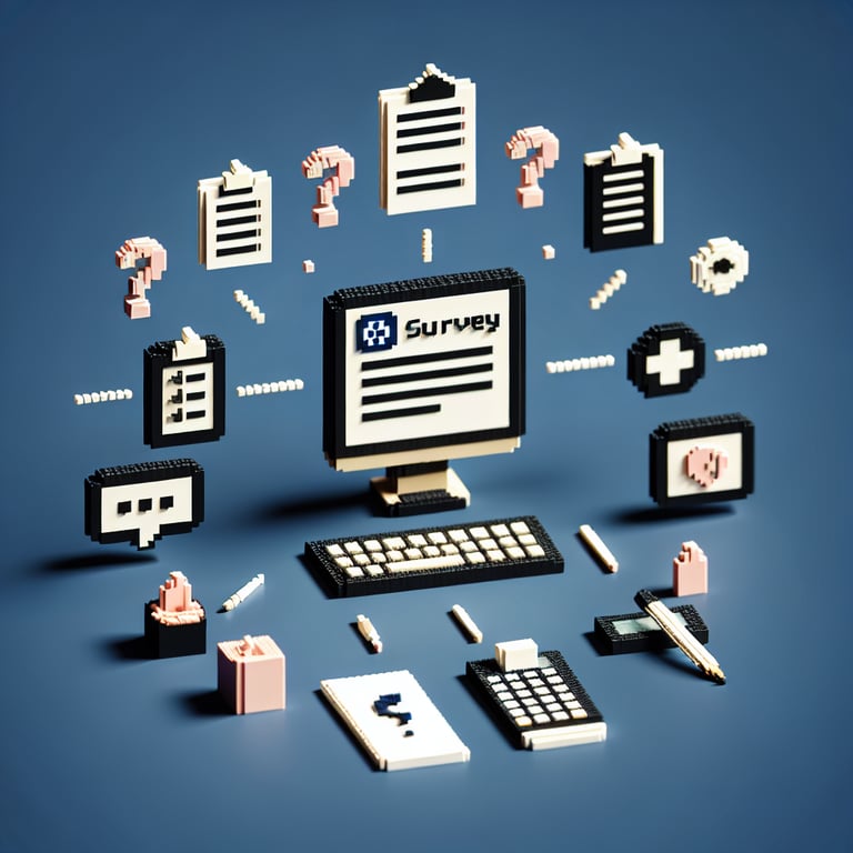 3D voxel art depicting online skin cancer survey concept on a dark blue background.