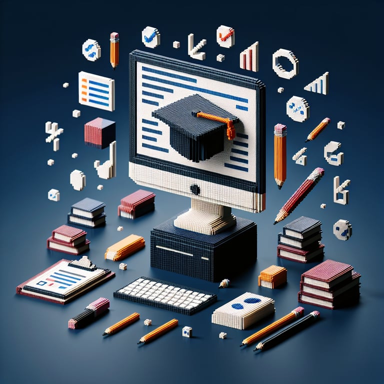 3D voxel art depicting online surveys on highest level of education, set against a dark blue background.