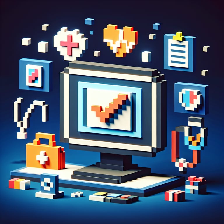 3D voxel art depicting online health surveys, with a dark blue background.