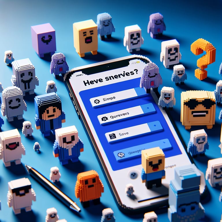 3D voxel art depicting humorous online survey concept on a dark blue background.