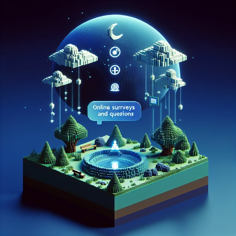 3D voxel art depicting online retreat survey concept on a dark blue background.
