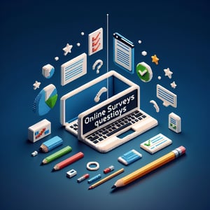 3D voxel art depicting online end of class surveys with a dark blue background.