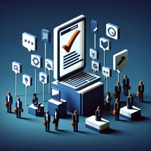3D voxel art depicting the concept of online surveys for a B2B software company on a dark blue background.