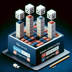 3D voxel art depicting online customer satisfaction surveys with a dark blue background.