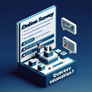 3D voxel art depicting online surveys about education level on a dark blue background.