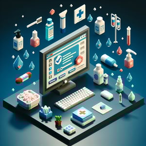 3D voxel art depicting online health and hygiene surveys, set against a dark blue background.
