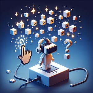3D voxel art depicting the concept of VR survey questions on a dark blue background.