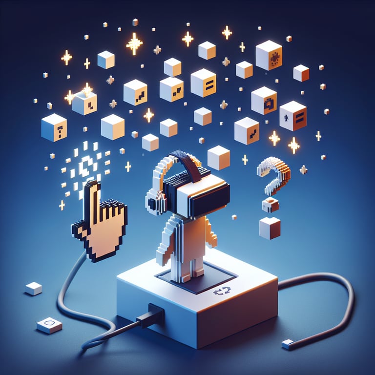 3D voxel art depicting the concept of VR survey questions on a dark blue background.