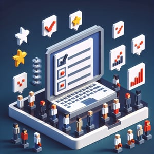 3D voxel art depicting online employee survey process on a dark blue background.