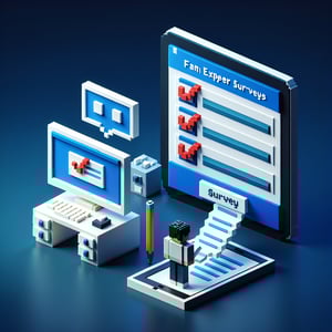 3D voxel art depicting online fan experience surveys on a dark blue background.