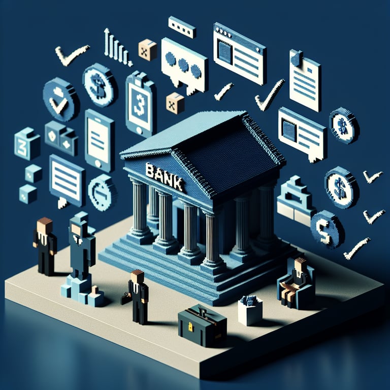 3D voxel art depicting online banking surveys with a dark blue background.