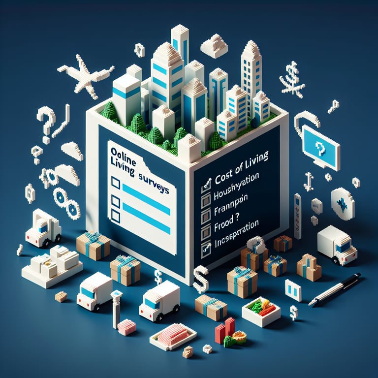 3D voxel art depicting online surveys, symbolizing cost of living survey questions on a dark blue background.