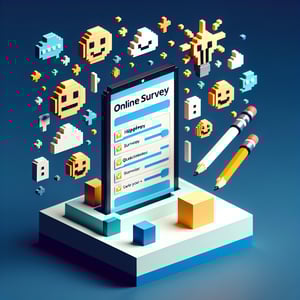 3D voxel art depicting online happiness survey concept on a dark blue background.