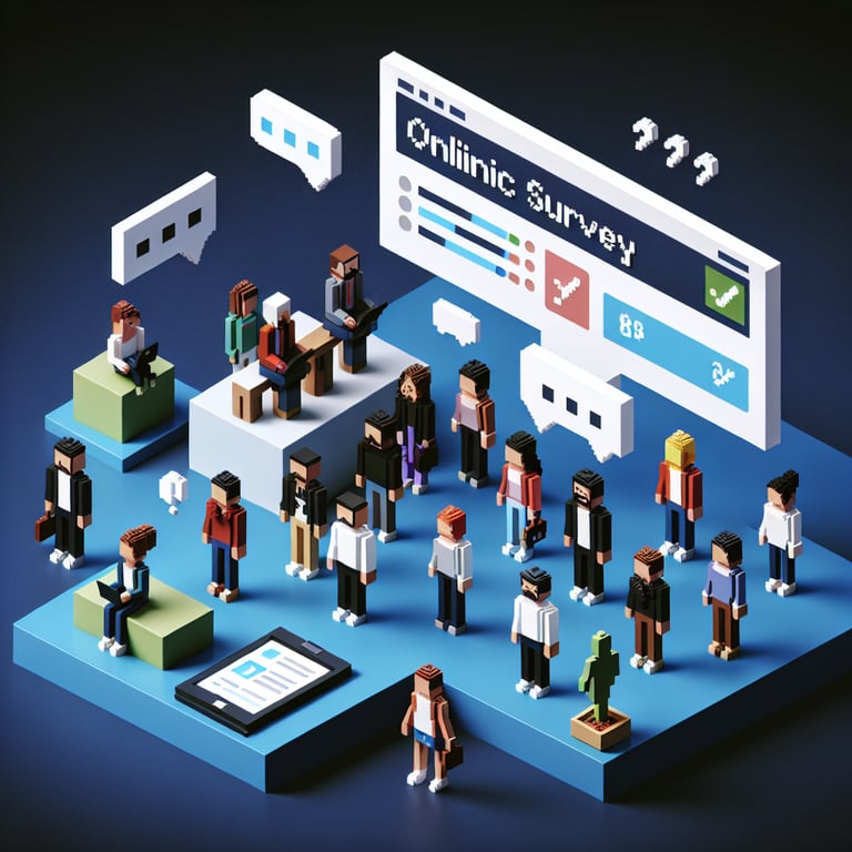3D voxel art depicting online surveys on a dark blue background, symbolizing domestic abuse inquiries.