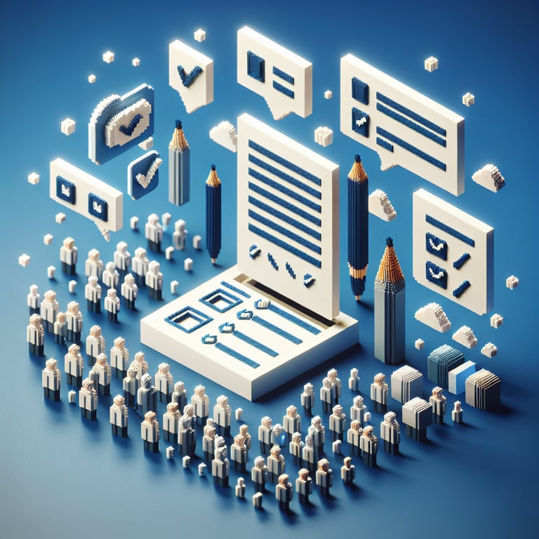 3D voxel art depicting online surveys, set against a dark blue background, perfect for offsite survey landing page.