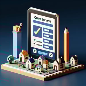 3D voxel art depicting online homeschooling surveys on a dark blue background.