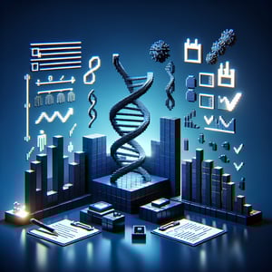 3D voxel art depicting online biotechnology surveys on a dark blue background.