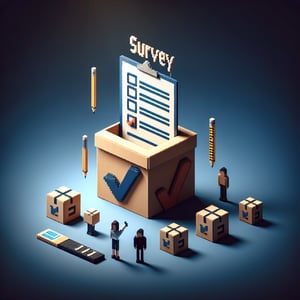 3D voxel art depicting the concept of online customer surveys on a dark blue background.