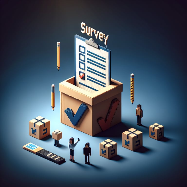 3D voxel art depicting the concept of online customer surveys on a dark blue background.