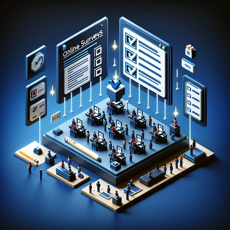 3D voxel art depicting online surveys, symbolizing elearning survey questions on a dark blue background.