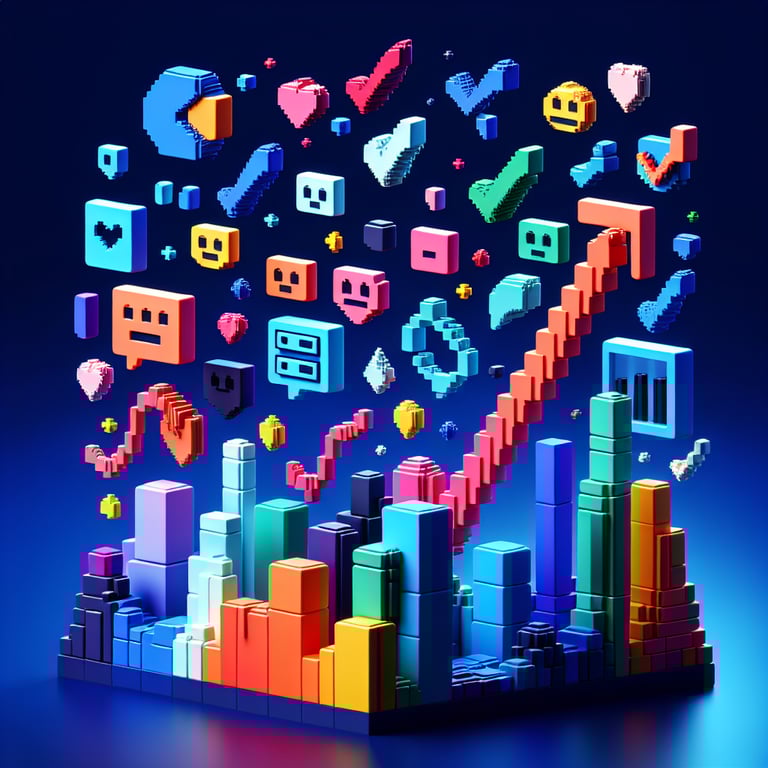 3D voxel art depicting online surveys, symbolizing attitude strength survey questions on a dark blue background.