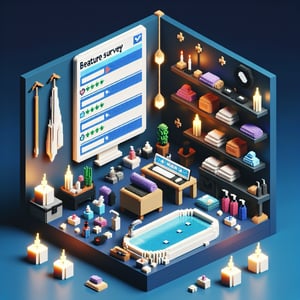 3D voxel art depicting online beauty spa surveys on a dark blue background.