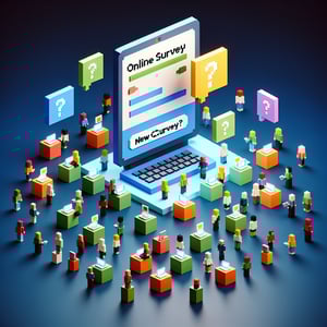 3D voxel art depicting online surveys, set against a dark blue background, symbolizing new client survey questions.